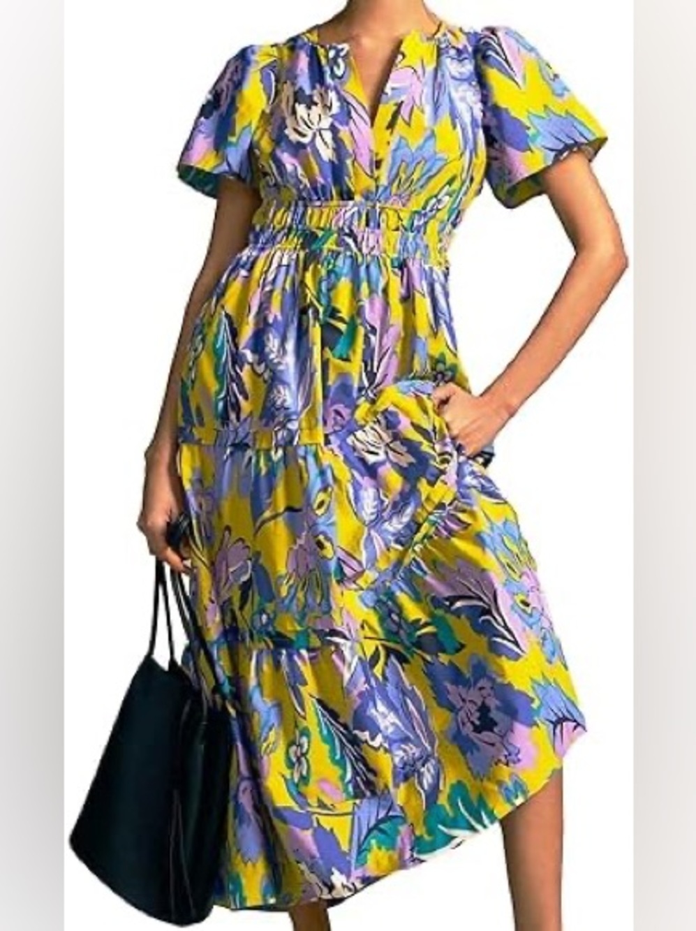 Anthropologie Somerset Bold Floral Midi Dress in Yellow, Purple and Blue